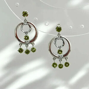 Sterling Silver Green Rhinestone Chandelier Style Hoop Boho Retro Earrings